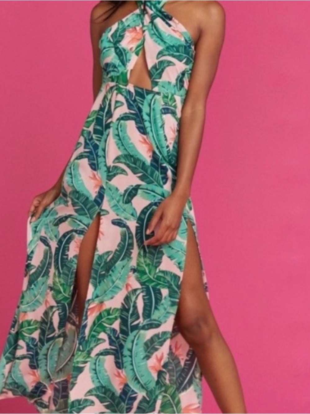 Show Me Your MuMu Pink Tropical Leaf Halter Maxi Dress